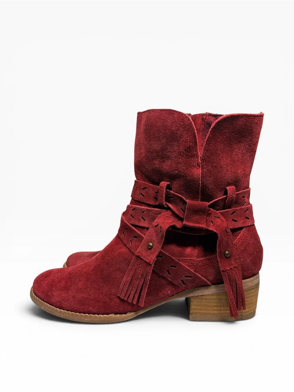 Naughty Monkey red leather suede fringed side zip boots block heel 9